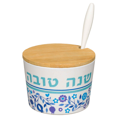 Pot à miel de Roch Hachana en Bambou Fleurs bleues